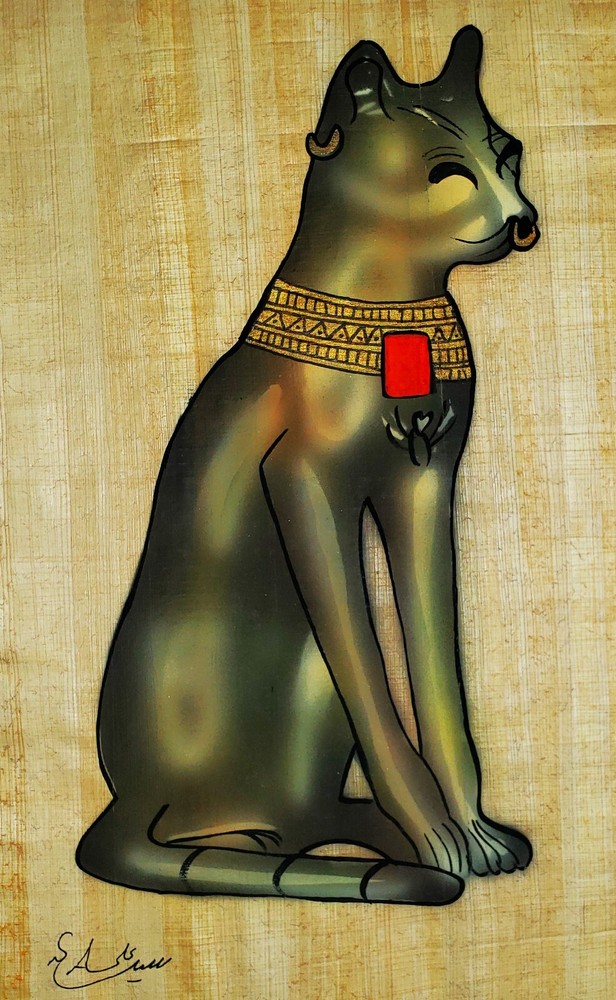 ANCIENT EGYPTIAN PAPYRUS PAINTING on Handmade Paper SIGNED Bastet Cat Deity