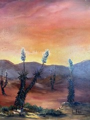 Vintage Original Arizona Desert Joshua Trees Landscape Oil Painting by: Le Fin