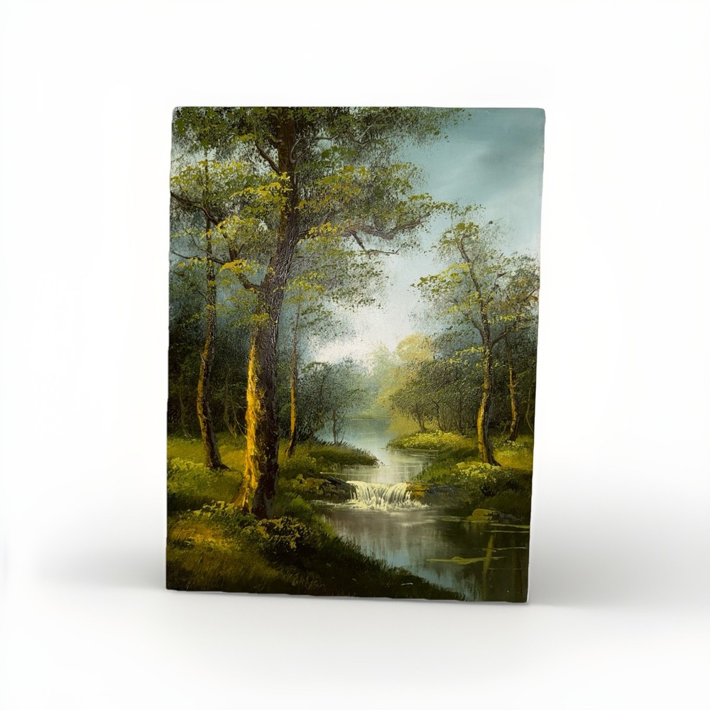 Vintage Hong Kong Oil Painting 18×24 Forest River Waterfall Bob Ross Style