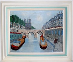 VINTAGE OIL PAINTING ON CARDBOARD SIGNED G BEPO PARIS NOTRE DAME SEINE NAIF ART