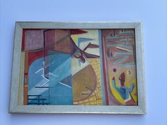 ANTIQUE CIRCUS PAINTING ABSTRACT CUBIST CUBISM MODERNISM MID CENTURY PERFORMERS