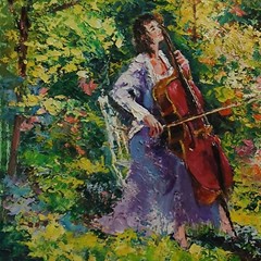 YARY DLUHOS Woman Music Peacock Garden Figure Cello Original Art Oil Painting