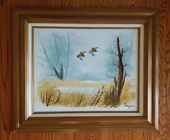 Vtg Wood Framed Oil Painting on Board, Ducks In Flight, 23.5″ x 27.5″ ~ Signed