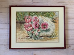 Vtg Watercolor Painting Cactus Bloom Floral Landscape Arizona Desert By Roy Roth