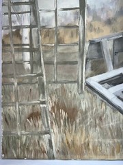 Original signed Hunsberger painting on canvas stretcher of ladders, sawhorse,+
