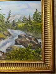 „A River Landscape Scene“ Oil Painting – Framed