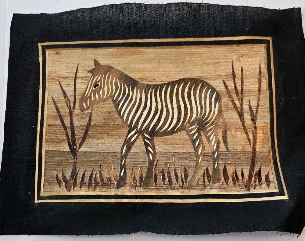 Vintage East African Dry Banana Leaf Artwork 9X13 Zebra Scene/Black Burlap Mat