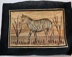 Vintage East African Dry Banana Leaf Artwork 9X13 Zebra Scene/Black Burlap Mat