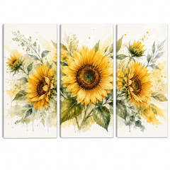 Watercolor Sunflower Triptych Canvas Wall Art 3 Panel Floral Farmhouse Decor