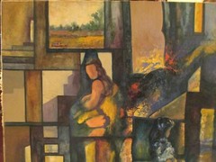 VINTAGE FIGURAL ABSTRACT GEOMETRIC SHAPES OIL PAINTING SIGNED