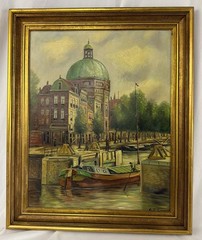 H.J. Topman Oil Painting – Vintage Dutch Impressionist Amsterdam Cityscape