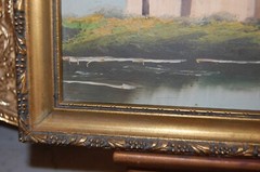 VINTAGE 1940-50’S FRAMED ORIGINAL OIL RUSTIC HOUSE AND RIVER SCENE ARTIST: FARID