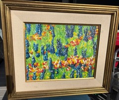 Vintage Original Oil Painting Framed Unsigned Hyacinth Wild Flowers Field Grass