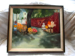 VTG Oil Painting on Canvas Ernestine Trotter Selling Flowers in Charleston SC