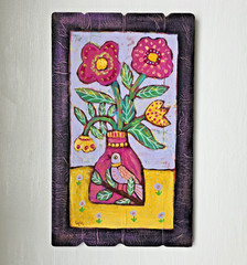 Folk Art ORIGINAL Bird Botanical Flower Vase Pot Botanical Whimsy Leaf Pink