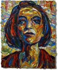 MODERN ORIGINAL OIL█PAINTING VINTAGE█ART SIGNED PORTRAIT FEMALE PALETTE KNIFE NR