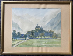 WATERCOLOR DATED 1941 MOUNTAIN LANDSCAPE GIORNICO CHURCH TOWER SWITZERLAND