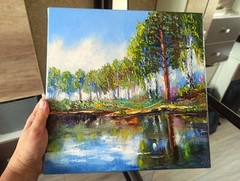 Landscape Original Oil Painting Birch Trees Artwork on Canvas 30x30cm