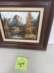 Vintage Mountain Oil Painting On Canvas Artist Signed Eugene Wood Cabin River