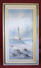 Nautical Coastal Landscape Art Oil Painting Lighthouse Ocean Waves Beach Dunes