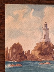 Antique 19th Century Watercolor Painting Lighthouse II Scotland Edith Bell 7×10