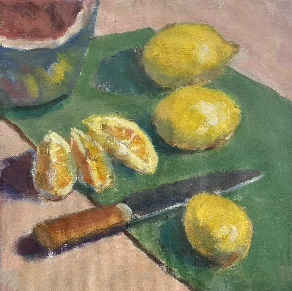 Original New Impressionism Still Life Lemons Green Cloth Acrylic/StretchedCanvas