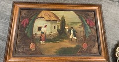 Antique Oil Painting on hand carved wood two men getting ready to Duel 16×9