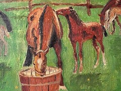 Mid-Century Modern (MCM) Original Farm Scene Horse and Pony – Oil on Canvas