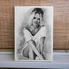 Original charcoal portrait drawing Minimalist monochrome sketch illustration art