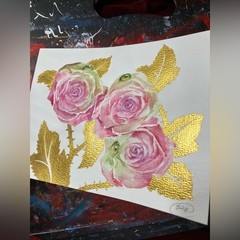 Original Pink Roses painting Watercolor Valentine Art Gold Leaves Artettina USA