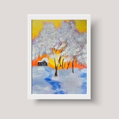 Original Forest Sunset Watercolor Painting Winter Landscape Christmas Wall Art