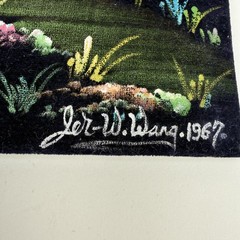 Vintage 1967 Jet-W. Wang Asian Village Water Buffalo Velvet Artwork Signed Set 2