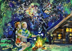 ACEO Original PAINTING Night Sky CABIN Fireworks Stars People Landscape ATC ART