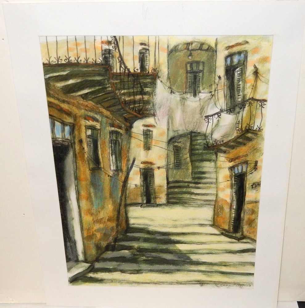 RAMOS „MI HABANA“ ORIGINAL WATERCOLOR CRAYON CUBAN LAUNDRY STREET SCENE PAINTING