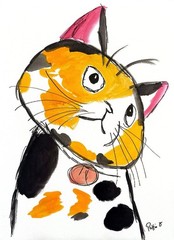 Cat Ink & Watercolor Animal Painting Fine Art 15X11 Gallery Paper Signed Black
