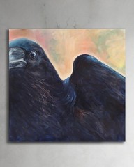 Raven Painting Bird Original Art 16″ by 16″ Black Crow Artwork Nature Wall Art