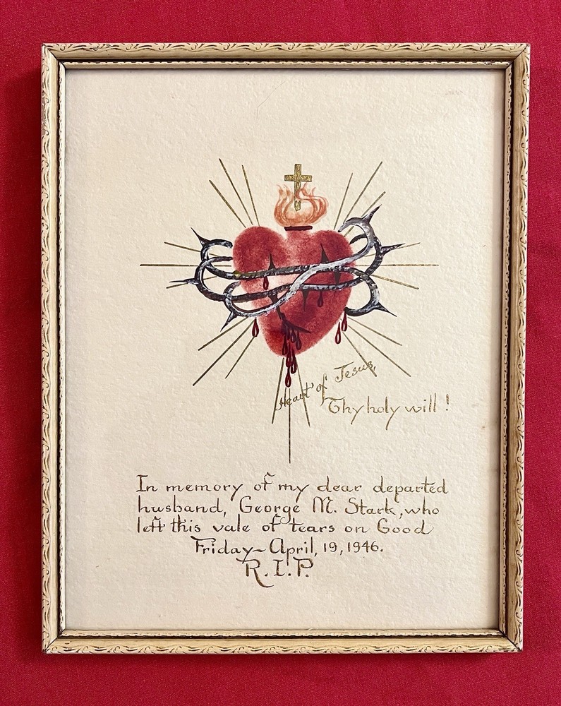 Antique SACRED HEART of Jesus ORIGINAL Painting MEMENTO MORI Gilt MOURNING ART