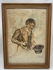 1800’s Original Watercolor Violinist Portrait Painting Art By George Gaylord