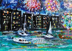 ACEO Original Painting FIREWORKS Summer CITY Buildings Ocean Boats Lights ART