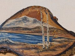 Hand Painted Art Oil Painting On Wood Slab Waterfall Snow Mountains Aspen Trees