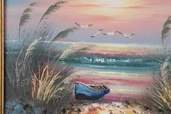 Small Vintage Sunrise Seascape Oil Painting Signed Illegible