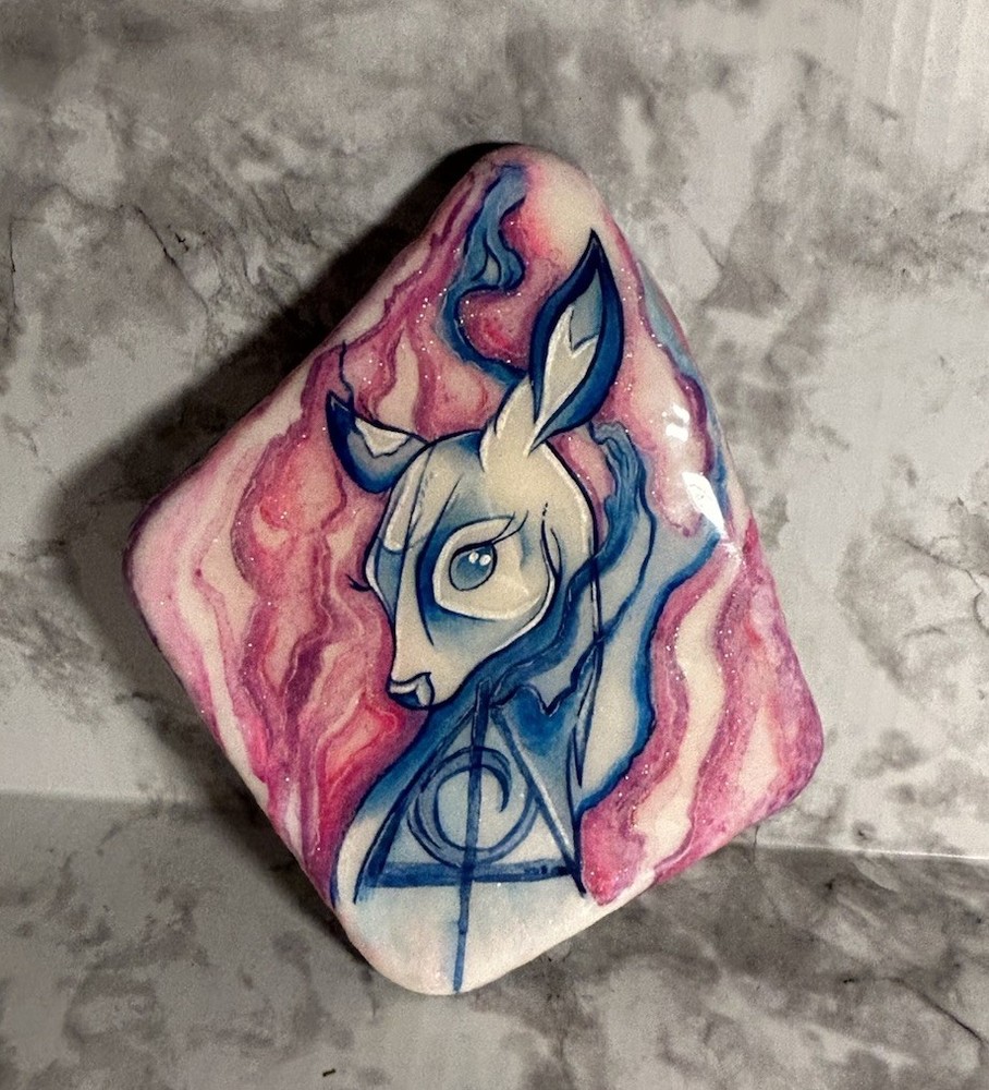 Hand Painted Deer Patronus Stone Art Pinks Blues Harry Potter A11
