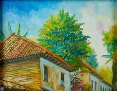 Vintage Original Impressionist Oil on Canvas „Sunlit Colonial Village Street“