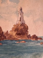 Antique 19th Century Watercolor Painting Lighthouse II Scotland Edith Bell 7×10
