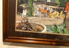Horse Carriage at log home painting by artist Kay Miller 1981, 27 3/4″ x 22 1/2″