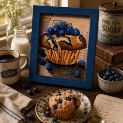 Blueberry Muffin Painting Kitchen Mixed Media, Breakfast, Framed 8×10
