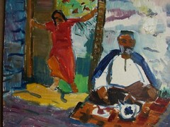 Ukrainian Soviet Oil Painting figure woman man tea ceremony Central Asia
