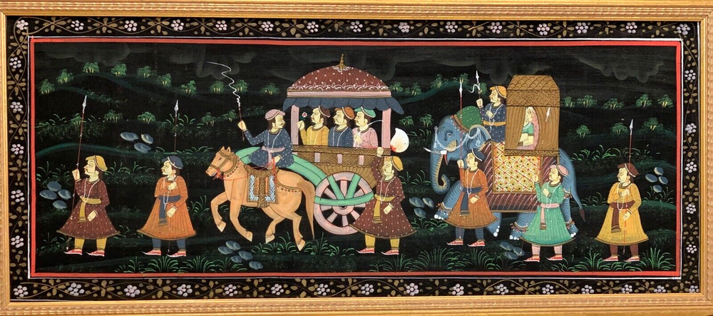 INDIAN ROYALTY INDIA ASIAN PAINTING MOGUL ELEPHANT CARAVAN PALACE GUARDS ON SILK