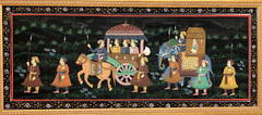 INDIAN ROYALTY INDIA ASIAN PAINTING MOGUL ELEPHANT CARAVAN PALACE GUARDS ON SILK