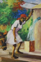 VTG 1969 FRAMED ORIGINAL HAITIAN FOLK ART WOMEN AT WELL ARTIST: FRITZNER DELUY